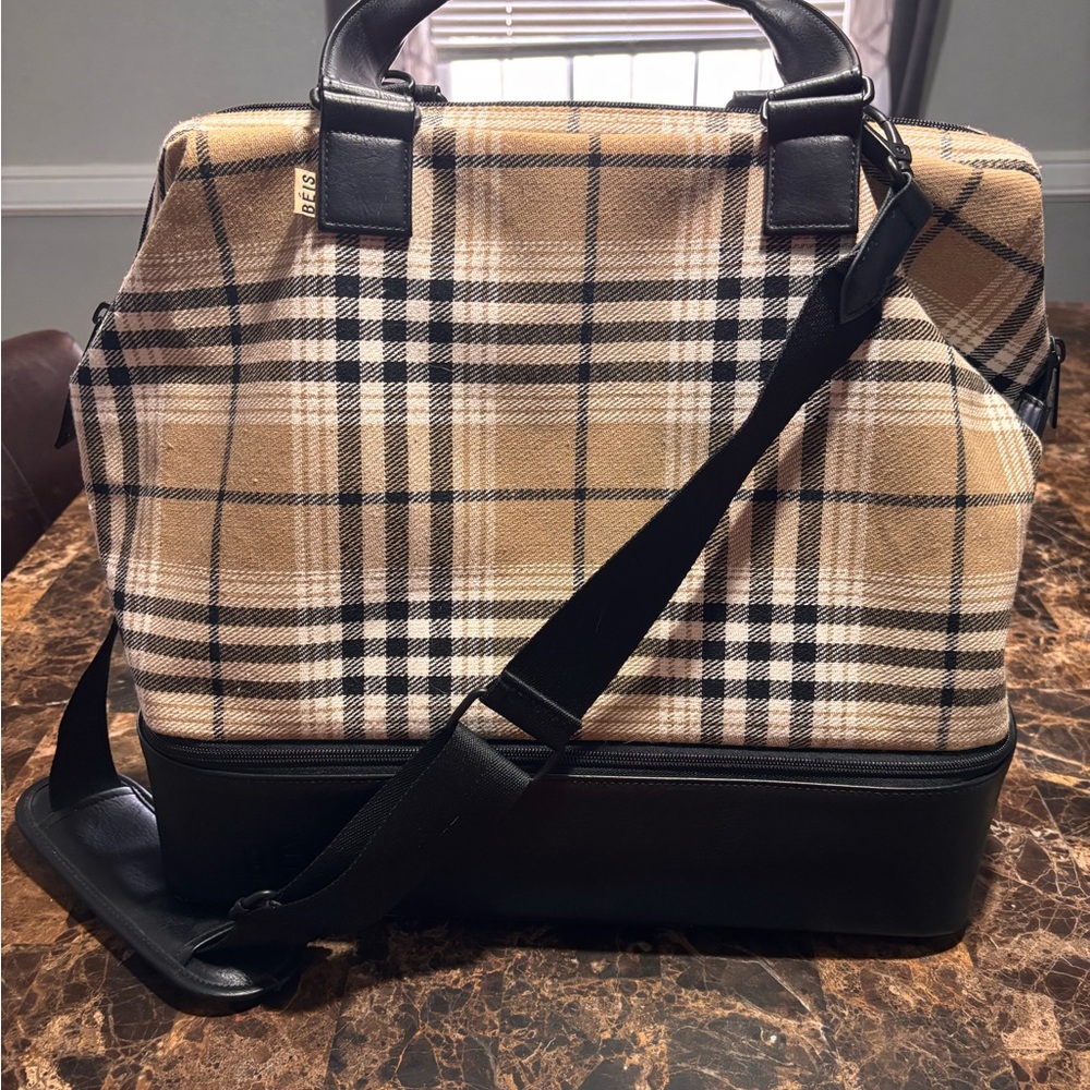 BEIS Mini Weekender Beige Plaid Tote with Black Trim and Strap
